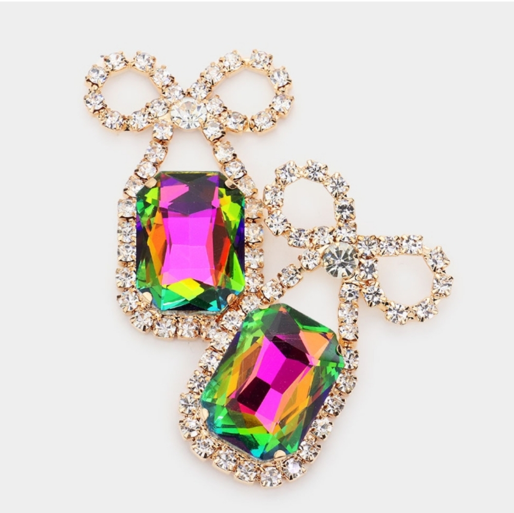 Rhinestone Bow Emerald Cut Stone Evening Earrings